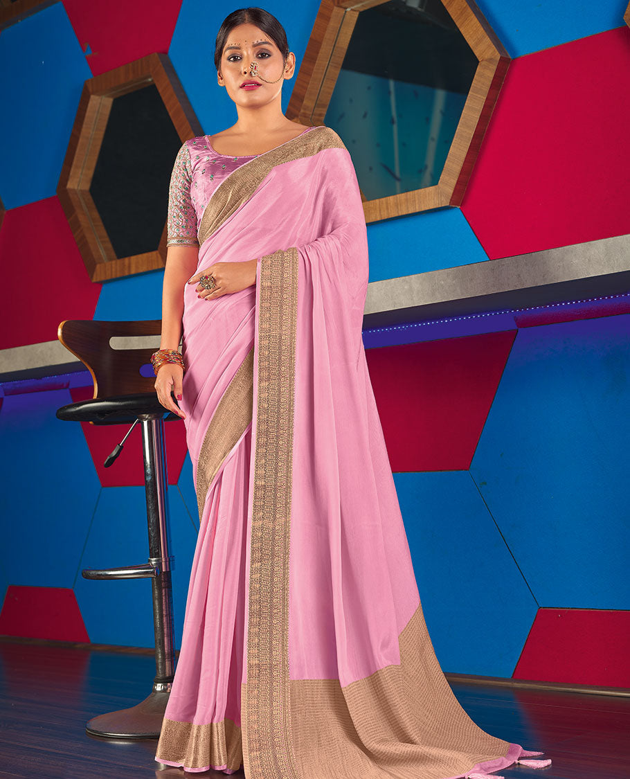 Pink plain semi-crepe designer catalog saree, intricate design border & pallu of stripes