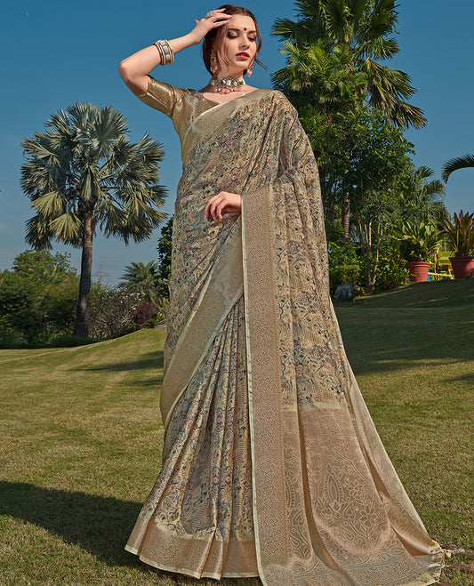 Sandal uniquely printed semi-tussar designer catalog saree with buttas, floral border & pallu of floral designs