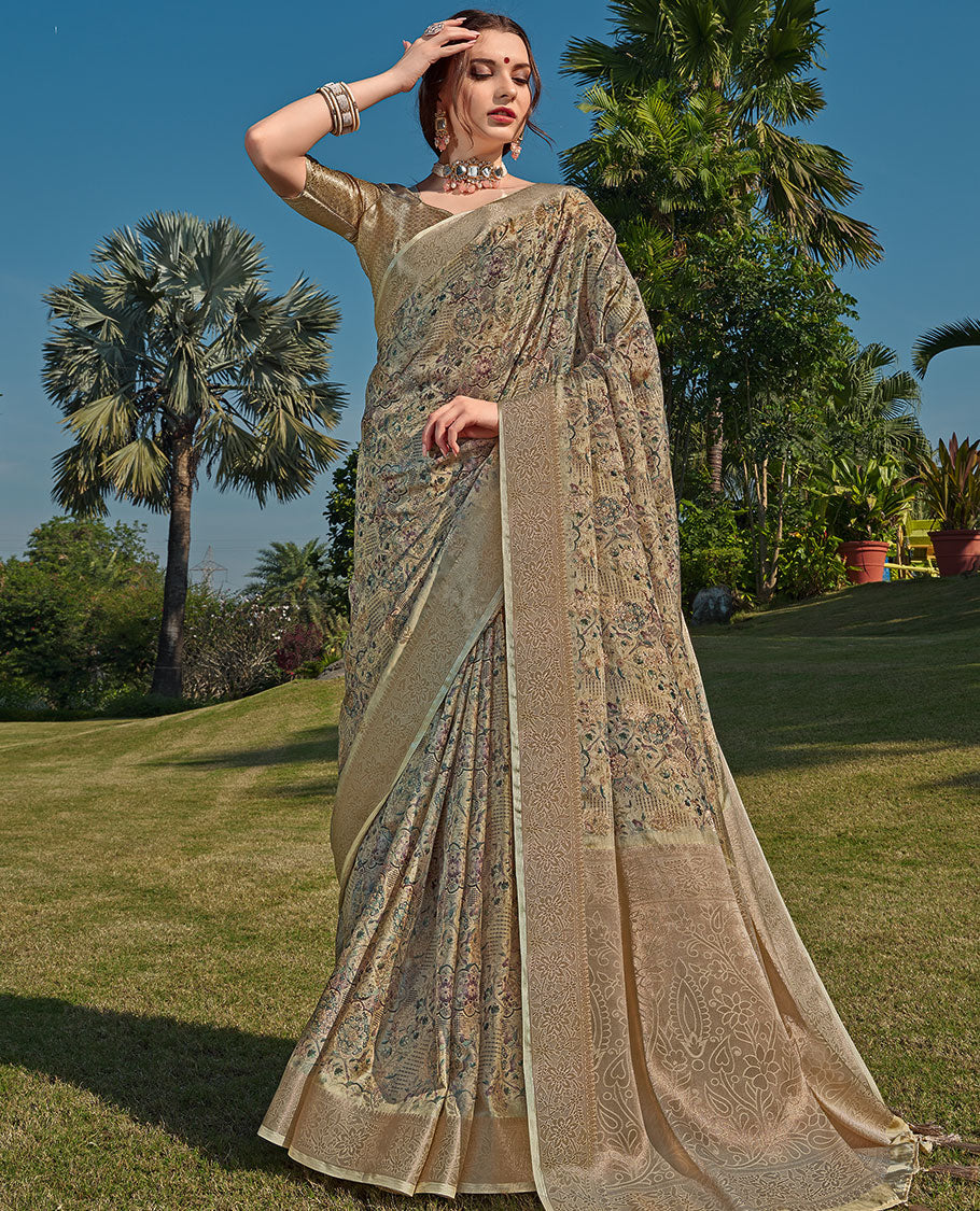 Sandal uniquely printed semi-tussar designer catalog saree with buttas, floral border & pallu of floral designs