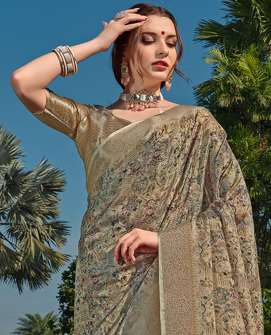 Sandal uniquely printed semi-tussar designer catalog saree with buttas, floral border & pallu of floral designs