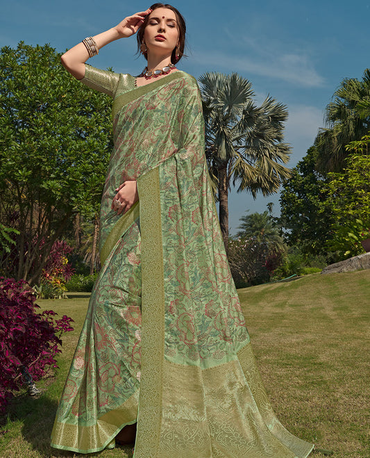 Green floral printed semi-tussar designer catalog saree with buttas, floral border & pallu of floral designs