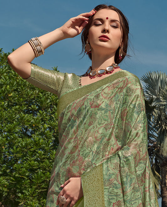 Green floral printed semi-tussar designer catalog saree with buttas, floral border & pallu of floral designs