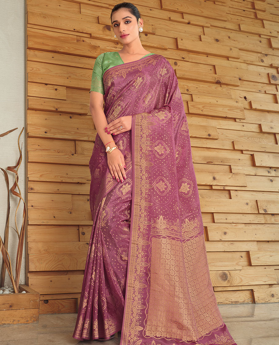 Purple ogee patterned semi-dola designer catalog saree, paisley border & pallu of intricate designs