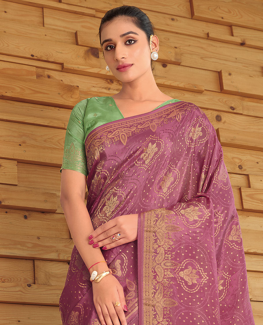 Purple ogee patterned semi-dola designer catalog saree, paisley border & pallu of intricate designs