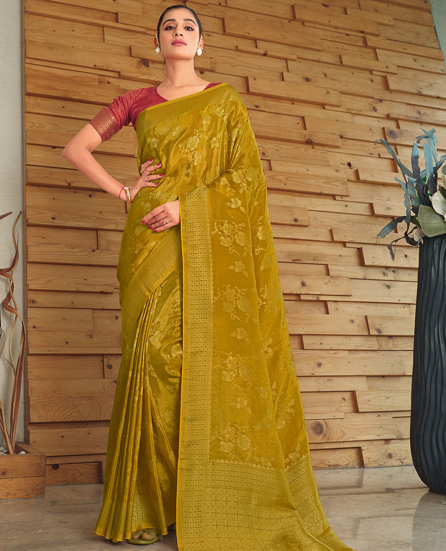 Green floral design semi-dola designer catalog saree, self-border & pallu of intricate designs
