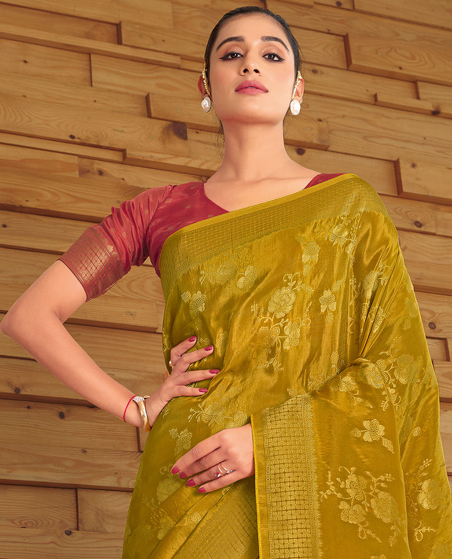 Green floral design semi-dola designer catalog saree, self-border & pallu of intricate designs