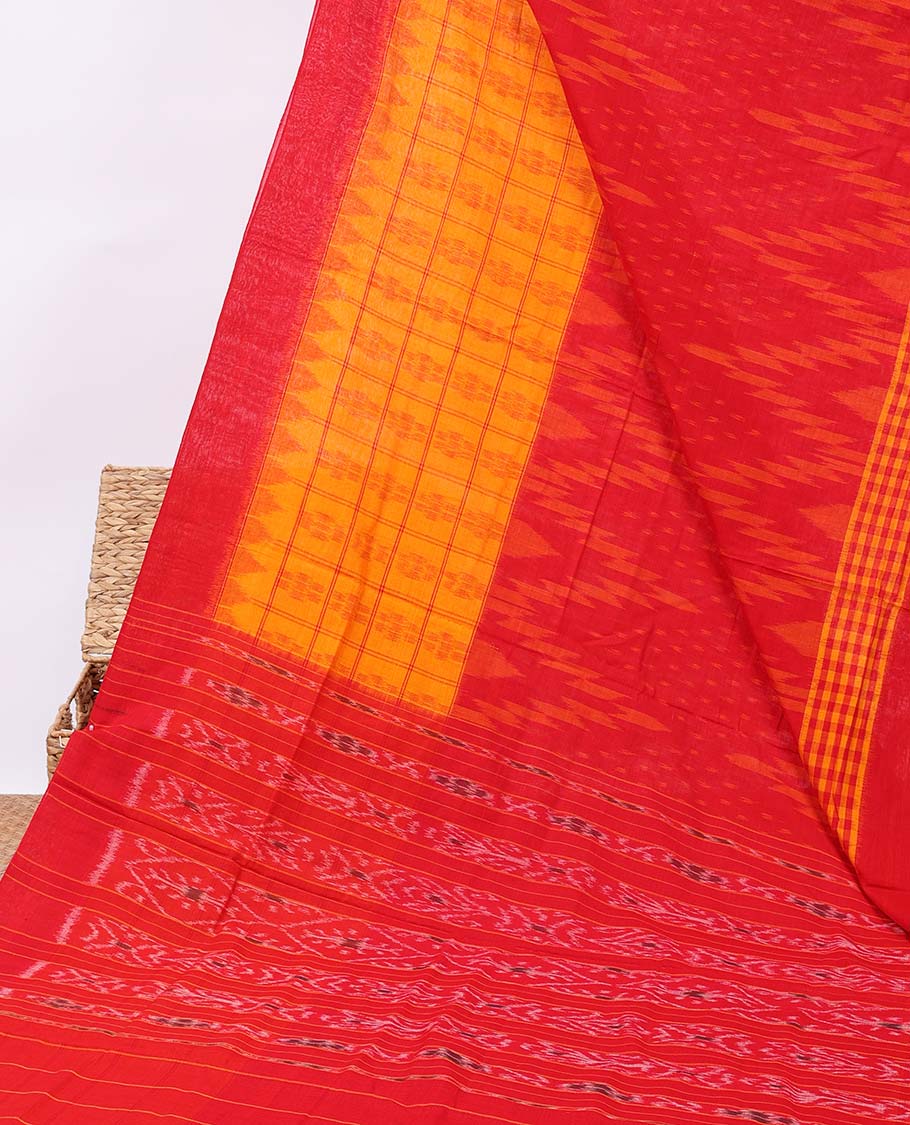 Red vidarbha ikkat design & checked ikkat cotton saree, plain border & intricate pallu