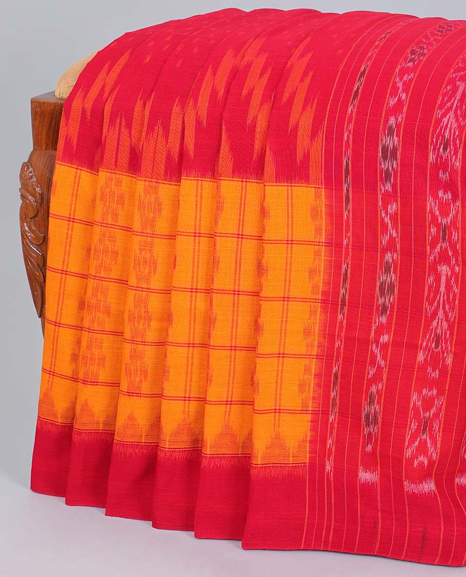Red vidarbha ikkat design & checked ikkat cotton saree, plain border & intricate pallu