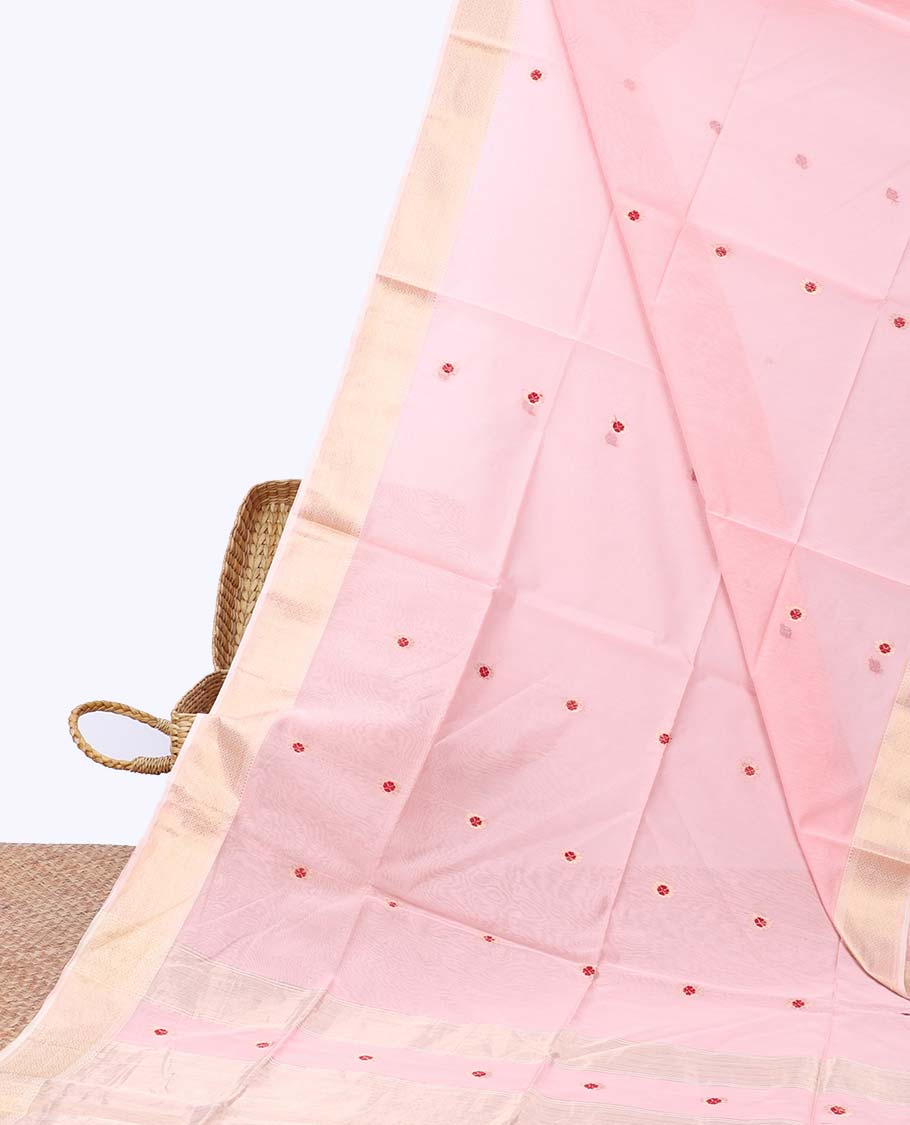 Pink flower buttas maheshwari cotton saree, traditional zari border & pallu of zari stripes