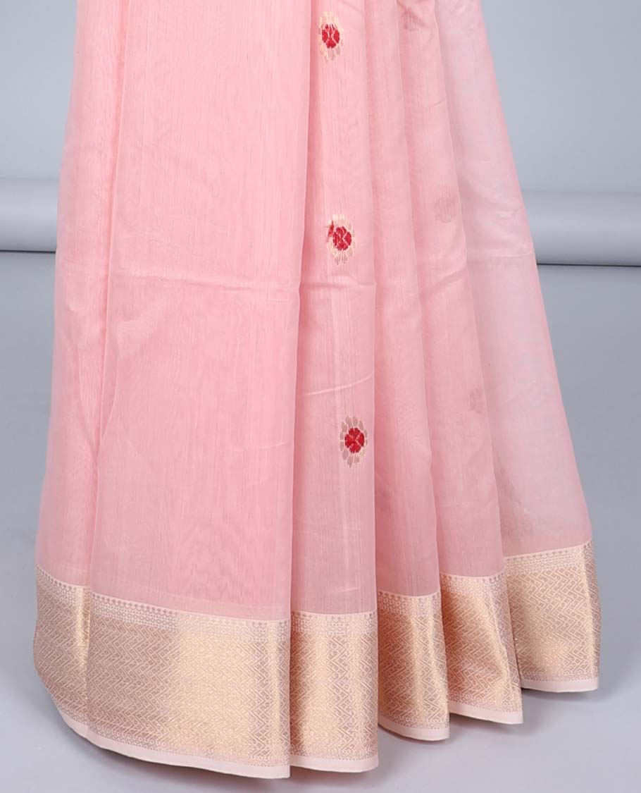 Pink flower buttas maheshwari cotton saree, traditional zari border & pallu of zari stripes
