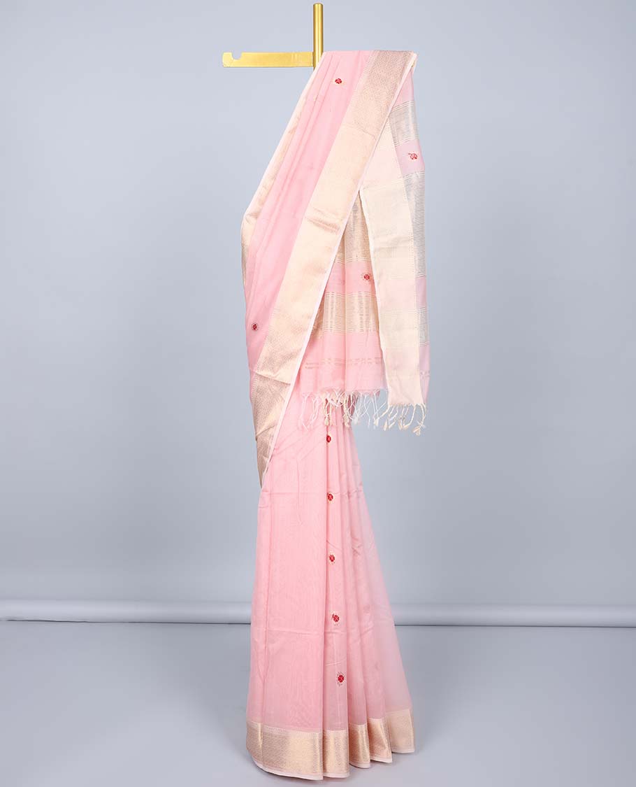 Pink flower buttas maheshwari cotton saree, traditional zari border & pallu of zari stripes