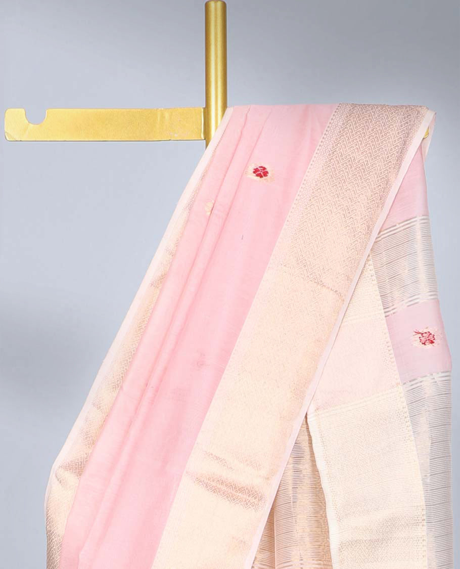 Pink flower buttas maheshwari cotton saree, traditional zari border & pallu of zari stripes