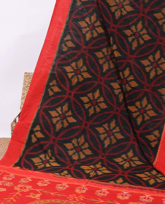 Black flower design ikkat cotton saree, contrast border & pallu with intricate design