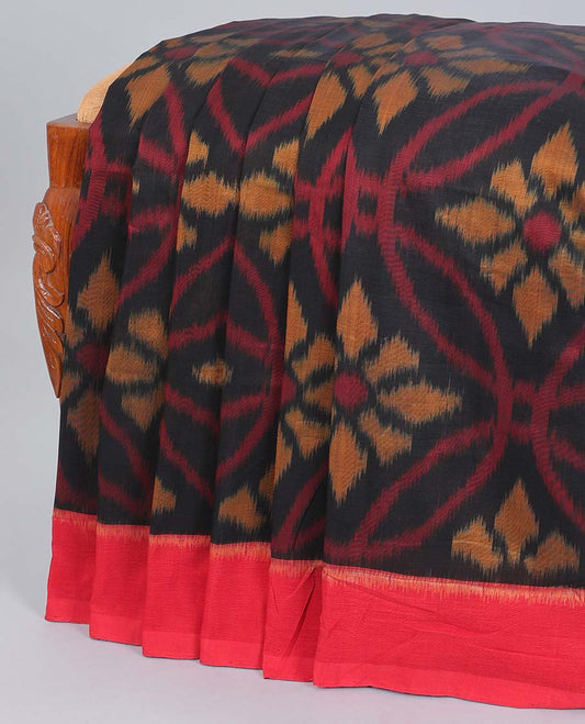 Black flower design ikkat cotton saree, contrast border & pallu with intricate design