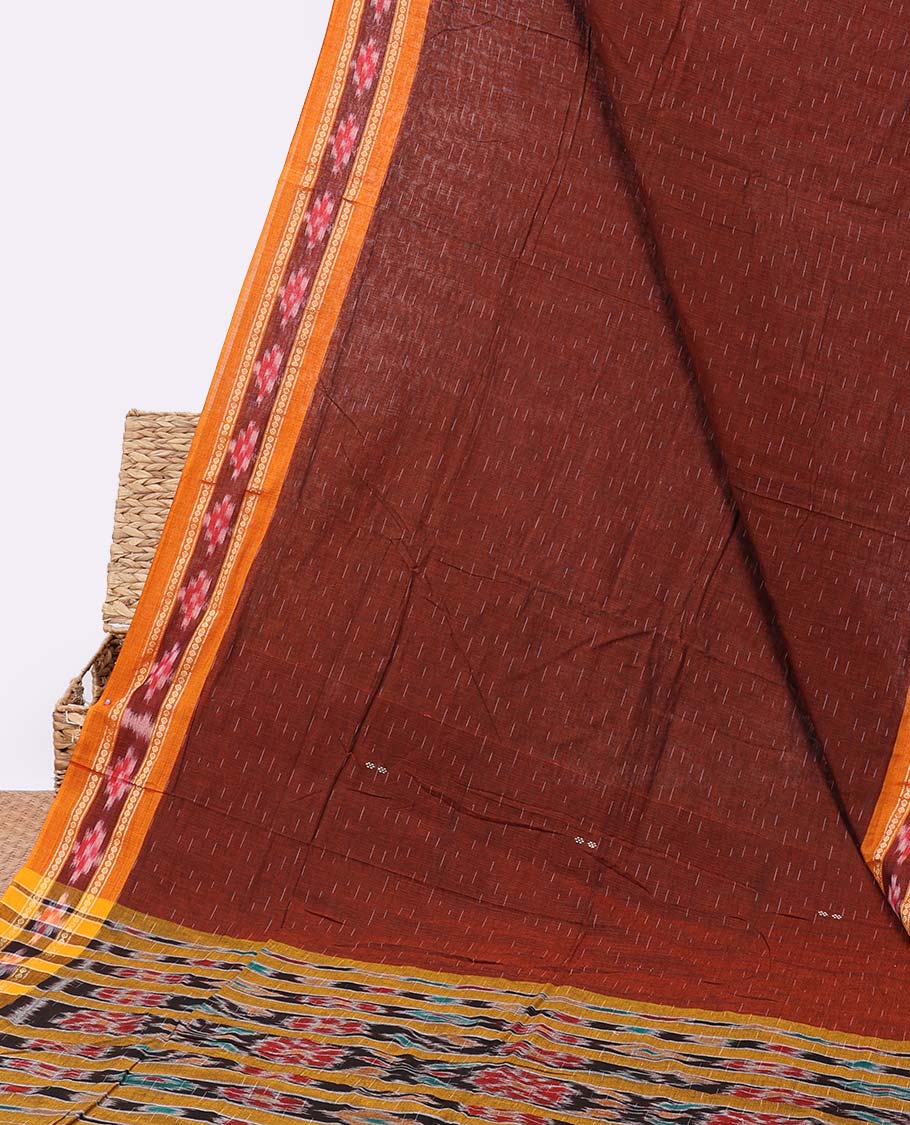 Brown ikkat cotton saree with buttas, contrast ikkat border & ikkat design pallu