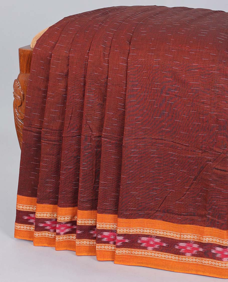 Brown ikkat cotton saree with buttas, contrast ikkat border & ikkat design pallu