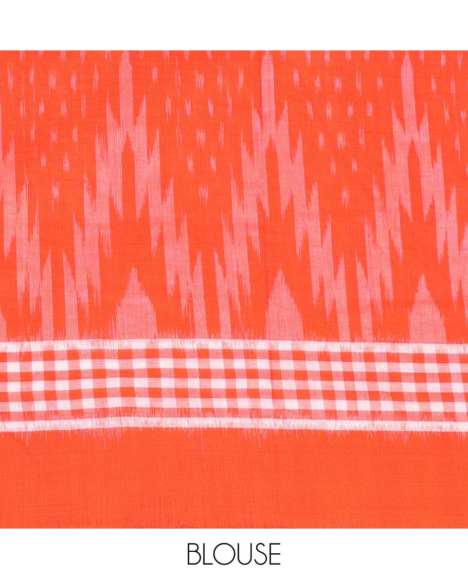 Orange vidarbha ikkat design & checked ikkat cotton saree, plain border & intricate pallu