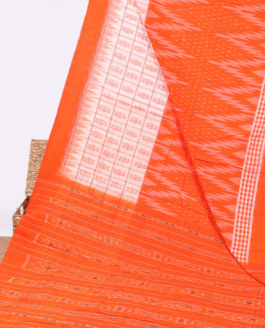 Orange vidarbha ikkat design & checked ikkat cotton saree, plain border & intricate pallu