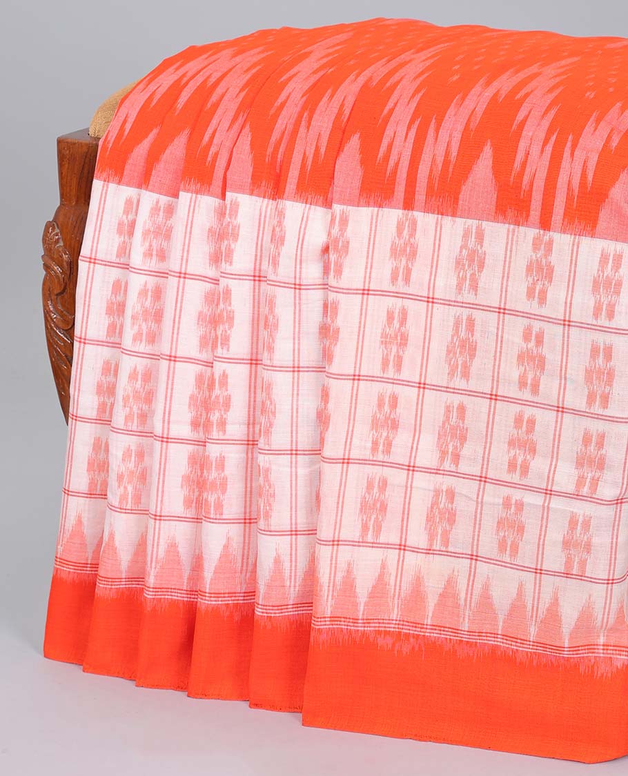 Orange vidarbha ikkat design & checked ikkat cotton saree, plain border & intricate pallu