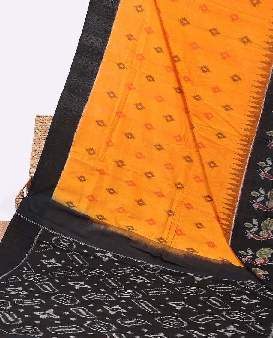 Orange ikkat cotton saree with buttas, contrast ikkat border & ikkat design pallu