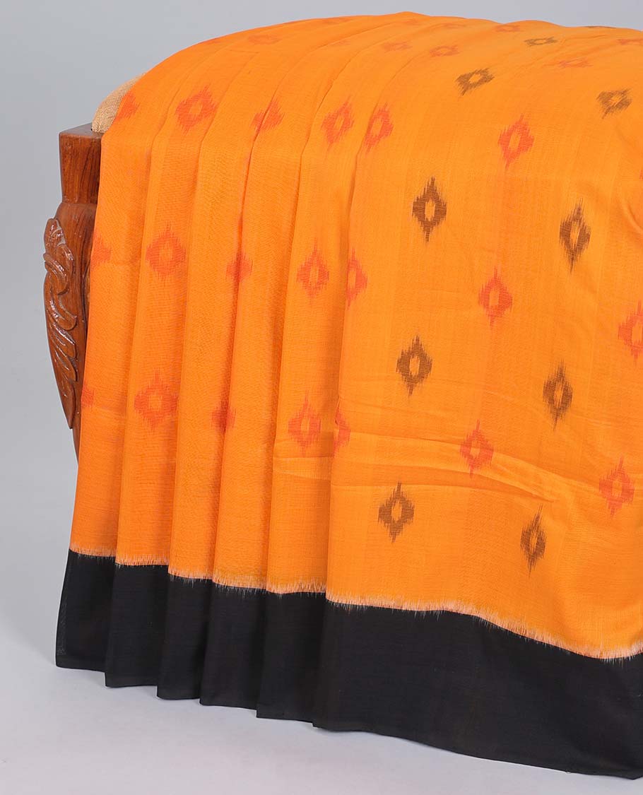 Orange ikkat cotton saree with buttas, contrast ikkat border & ikkat design pallu