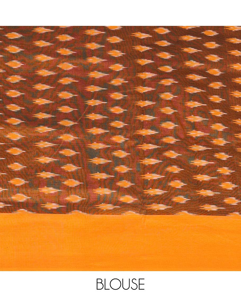 Brown ikkat cotton saree with buttas, contrast border & ikkat design pallu
