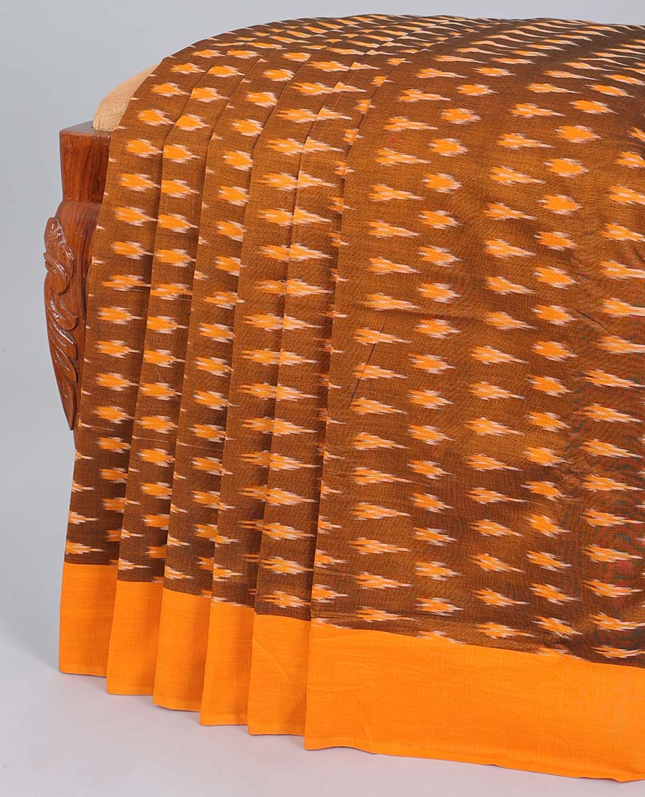 Brown ikkat cotton saree with buttas, contrast border & ikkat design pallu