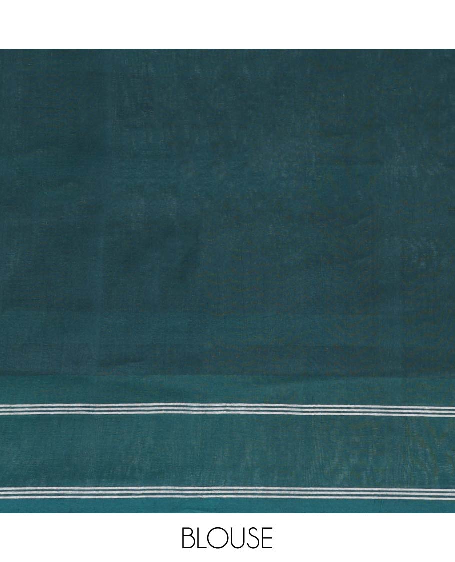 White ikkat cotton saree with plus buttas, contrast border & striped pallu