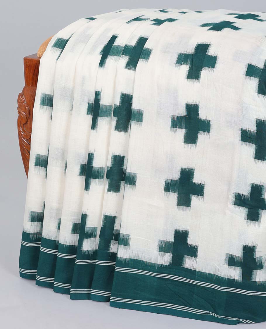 White ikkat cotton saree with plus buttas, contrast border & striped pallu