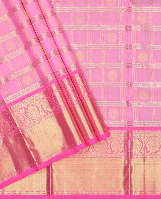 Pink jacquard pure-silk half-saree, contrast jaal dhavani, blouse & border of thilakam,muthu, diamond & dhavana kodi