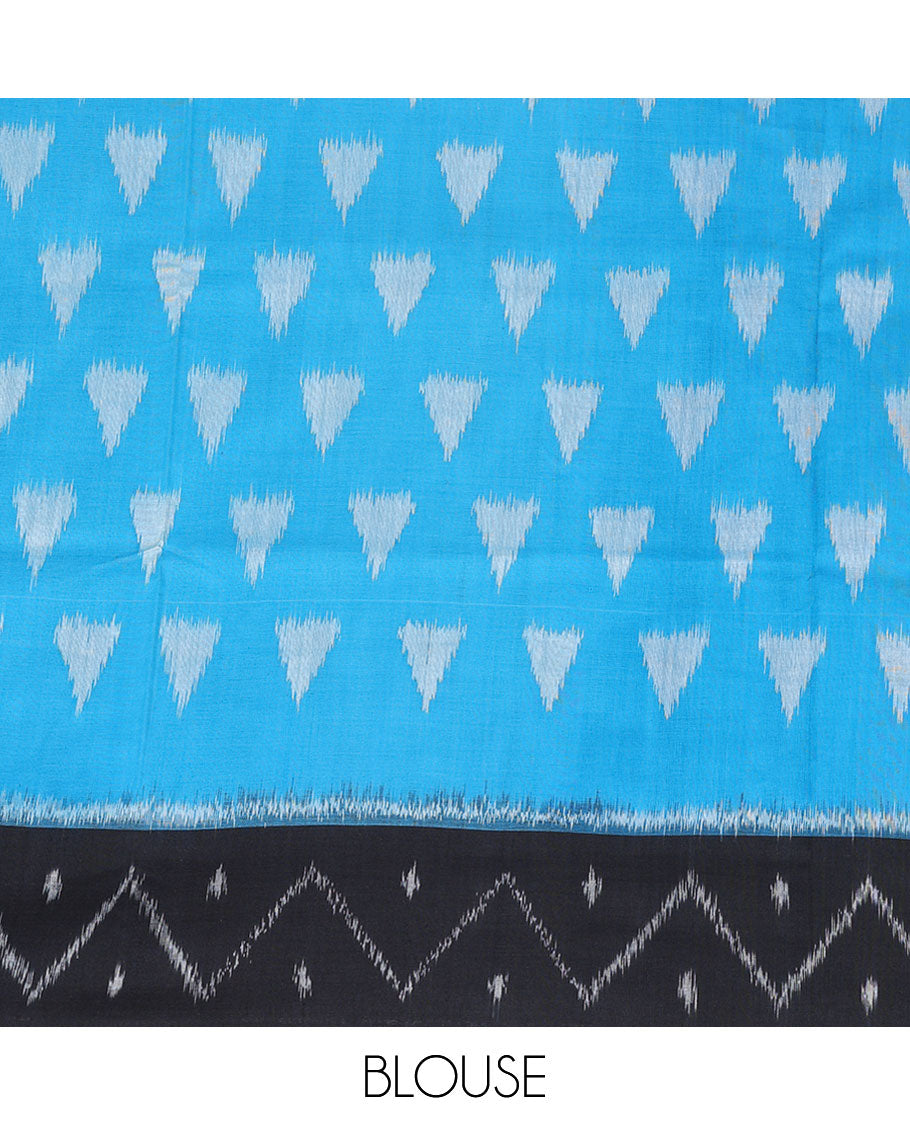 Blue triangle motifs cotton saree, contrast triangle border & chevron design pallu