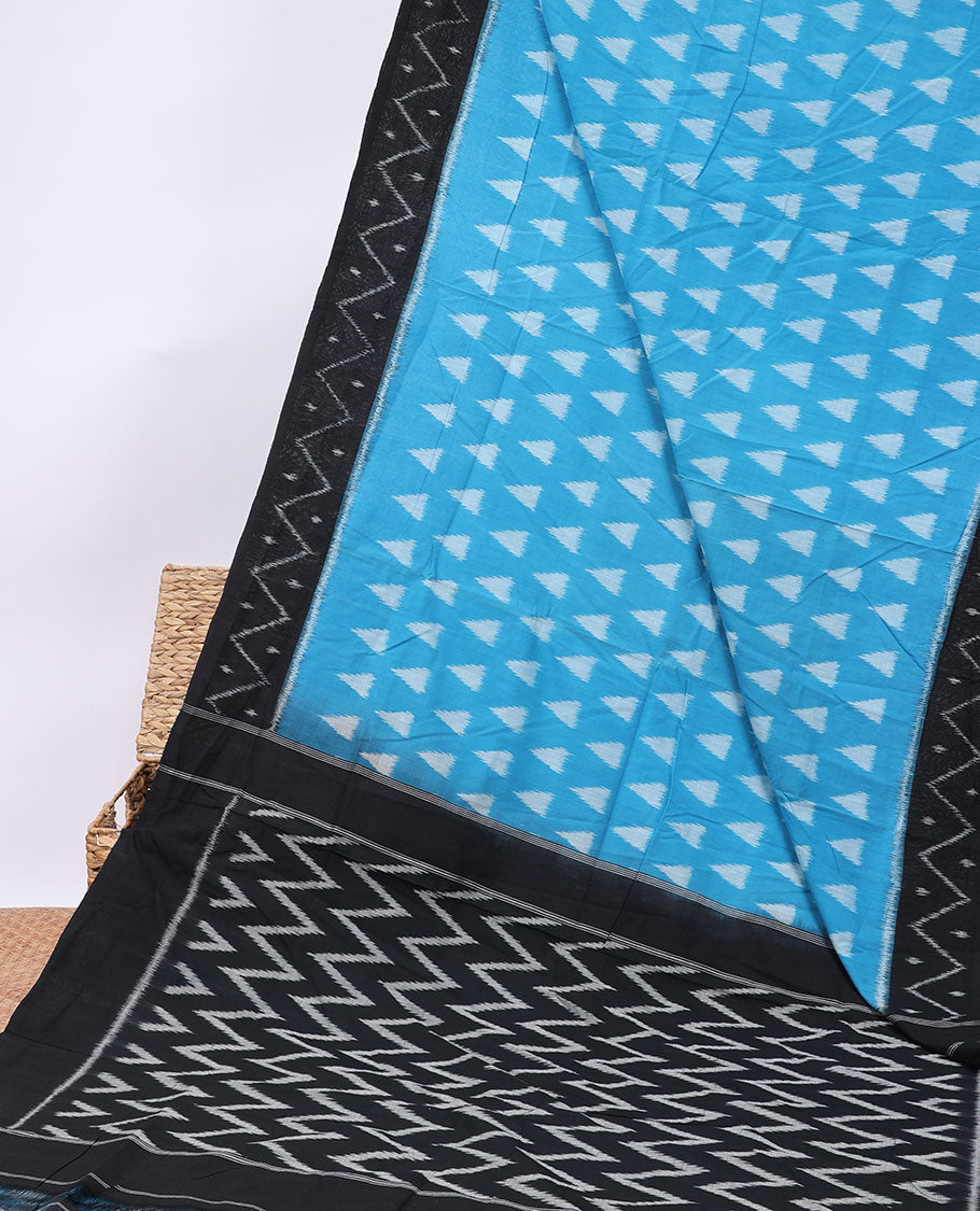 Blue triangle motifs cotton saree, contrast triangle border & chevron design pallu