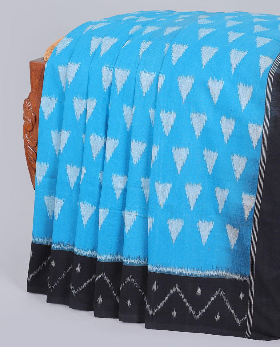 Blue triangle motifs cotton saree, contrast triangle border & chevron design pallu