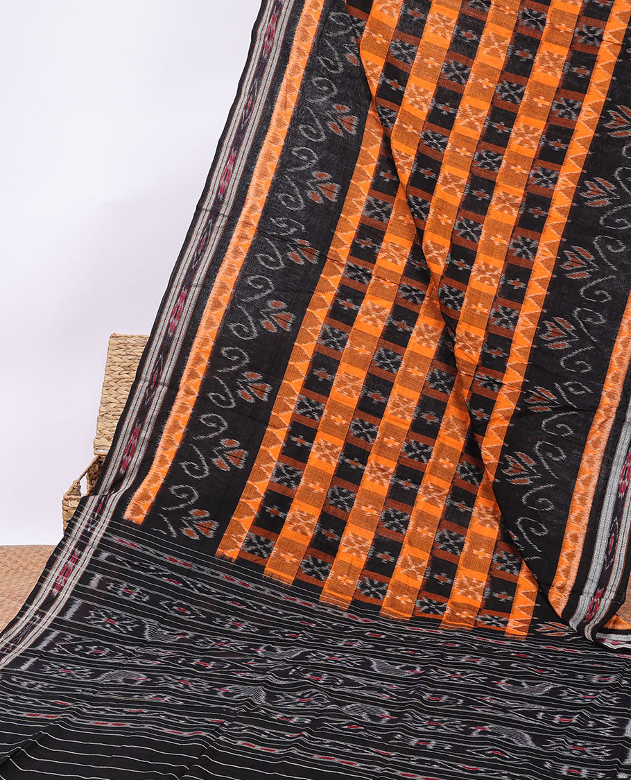 Multi-color butta enclosed checked cotton saree, ikkat border & intricate pallu