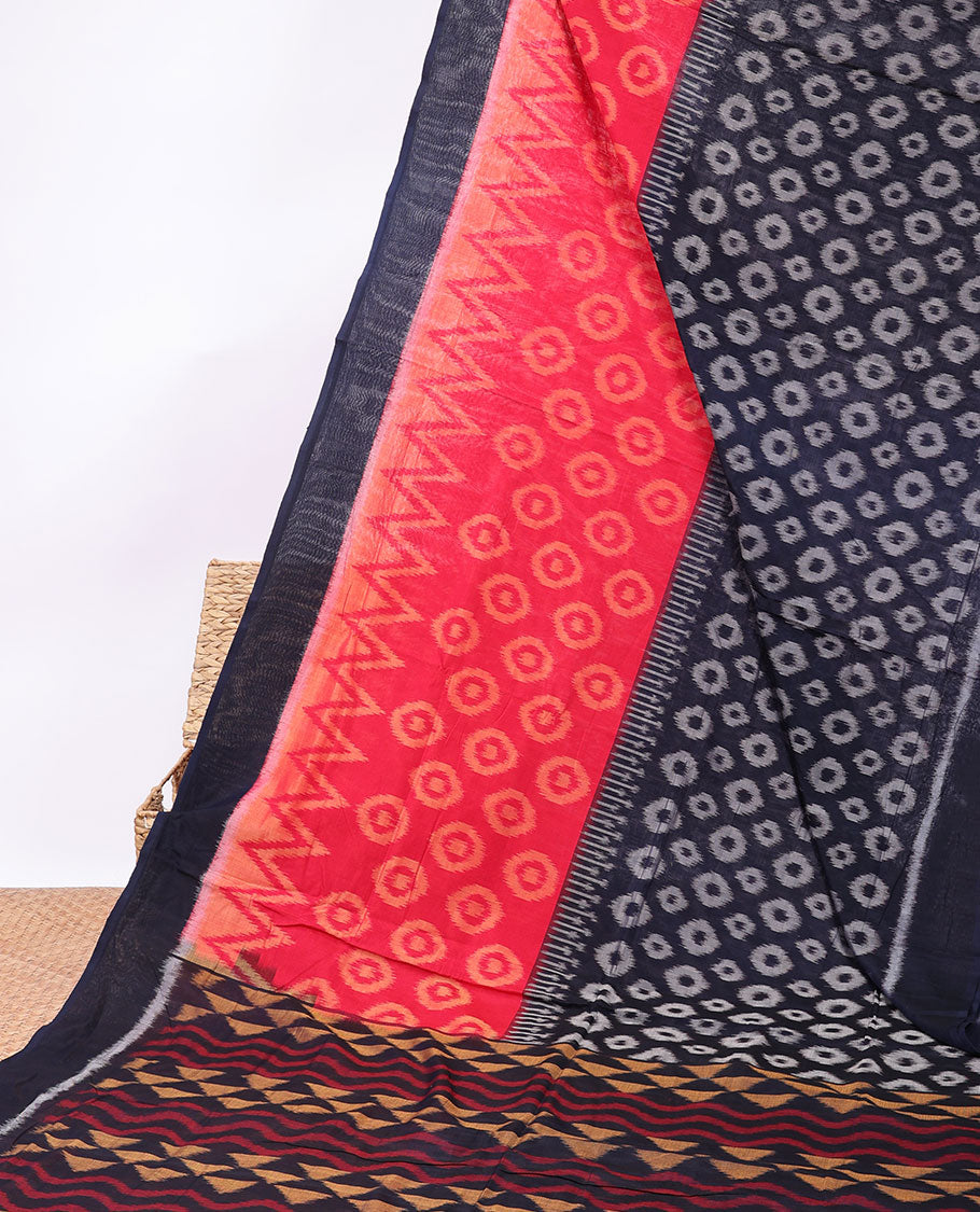 Red unique buttas cotton saree, contrast border & geometric pallu