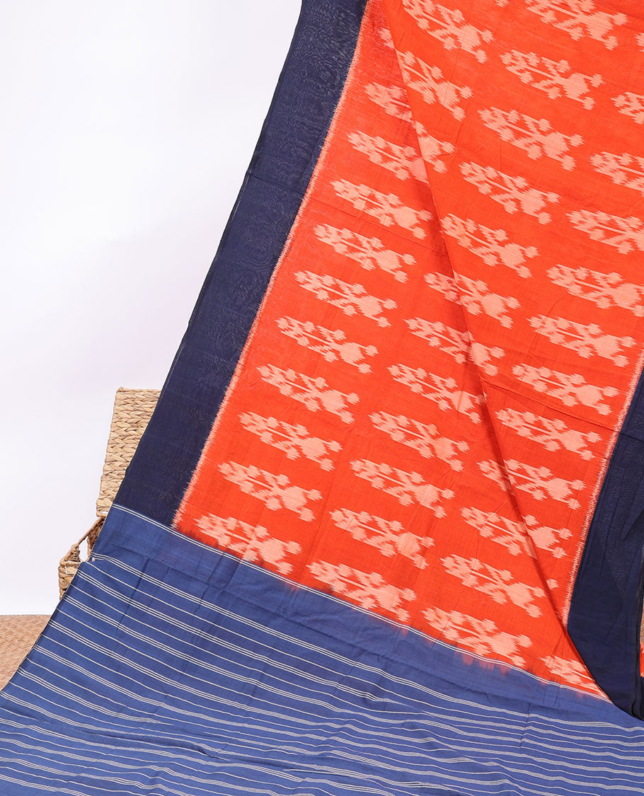 Orange ikkat cotton saree with buttas, contrast border & striped pallu