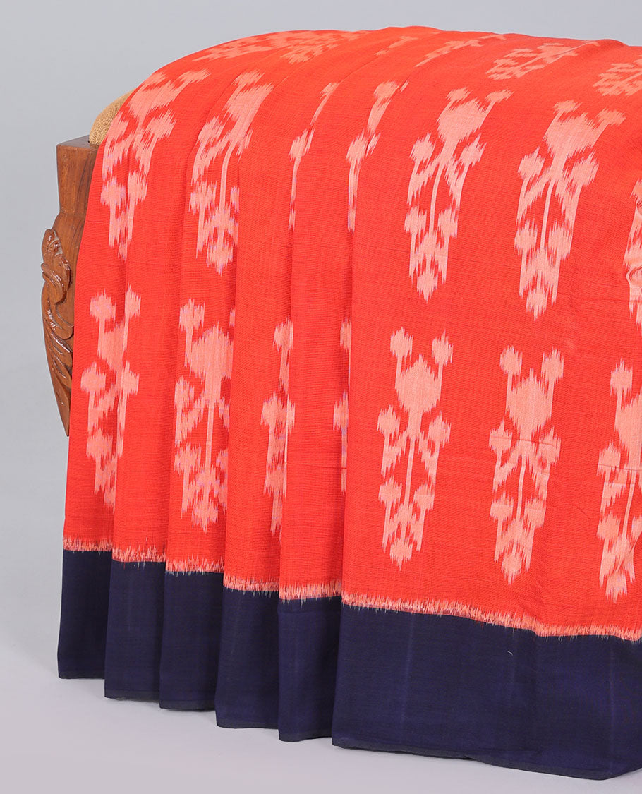 Orange ikkat cotton saree with buttas, contrast border & striped pallu