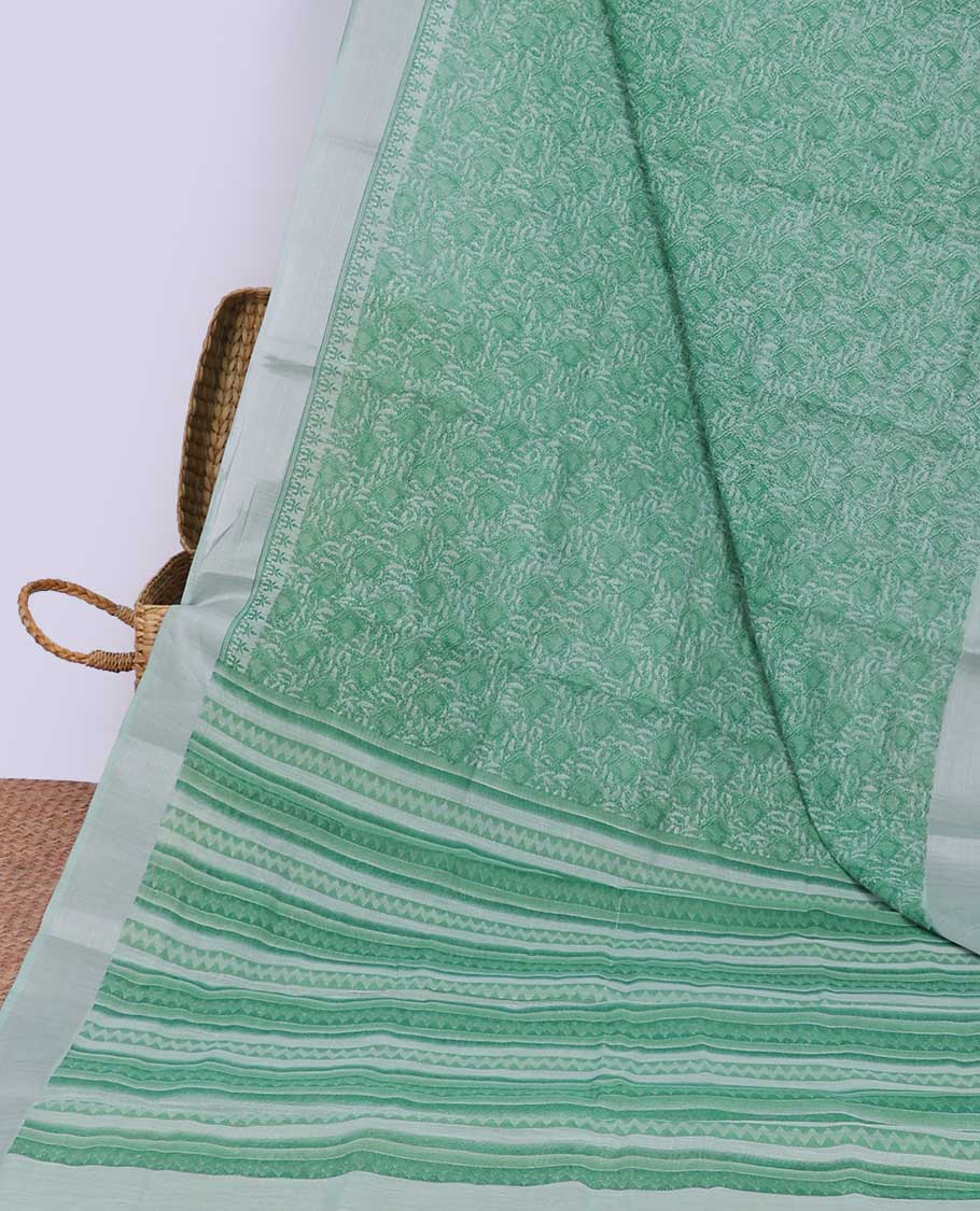 Green floral printed budget cotton saree, plain border & geometric printed pallu 