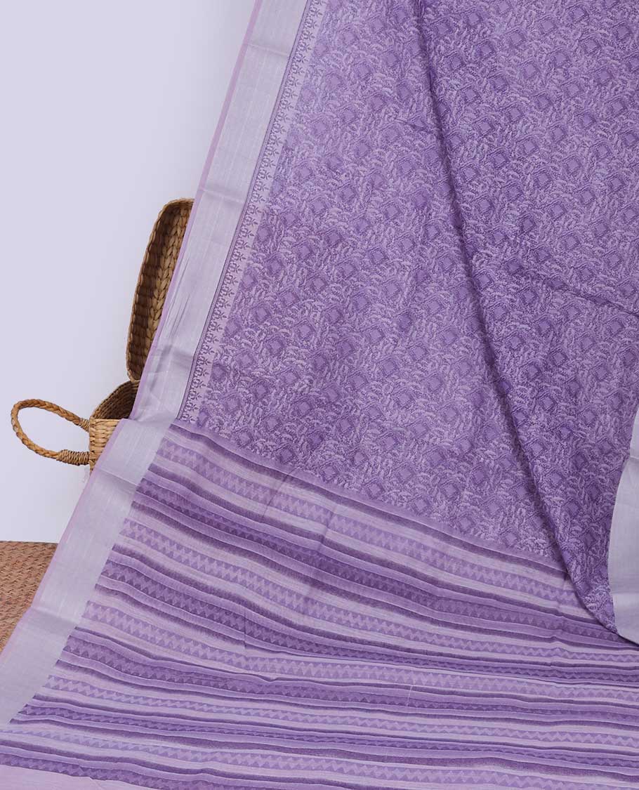 Violet floral printed budget cotton saree, plain border & geometric printed pallu 
