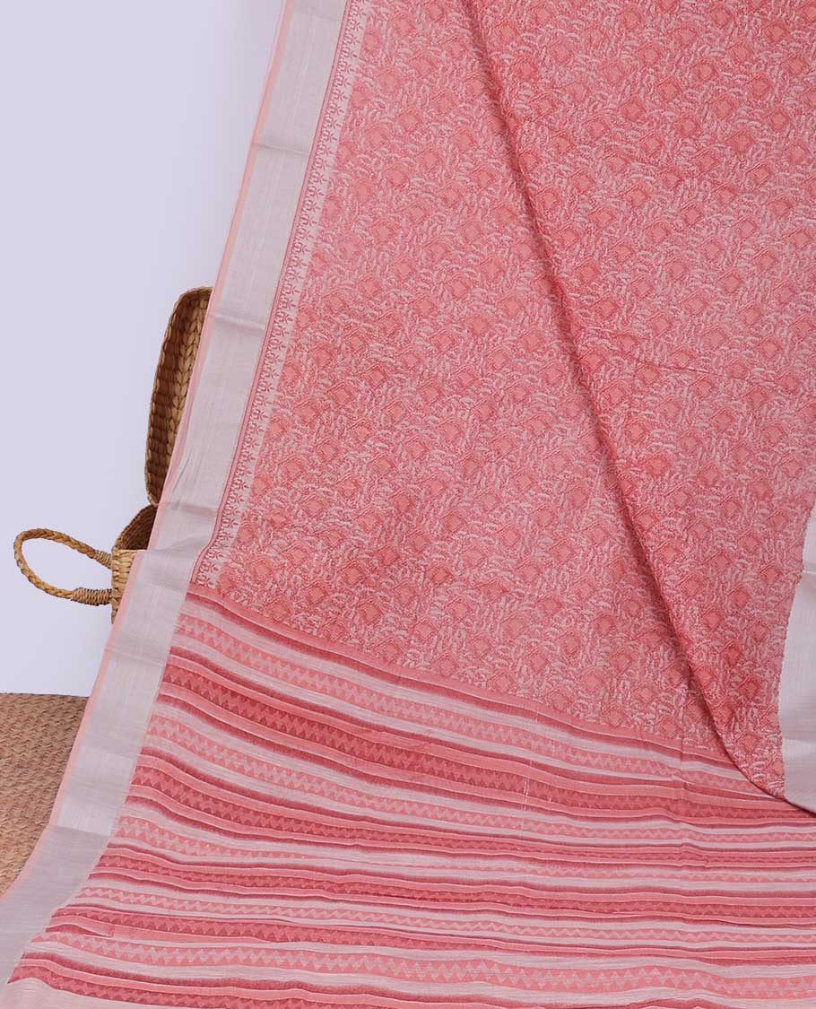 Pink floral printed budget cotton saree, plain border & geometric printed pallu 