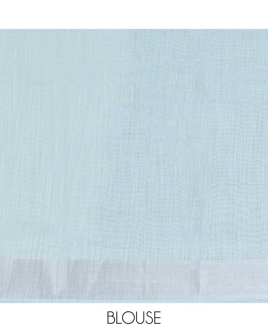Blue floral printed budget cotton saree, plain border & geometric printed pallu 