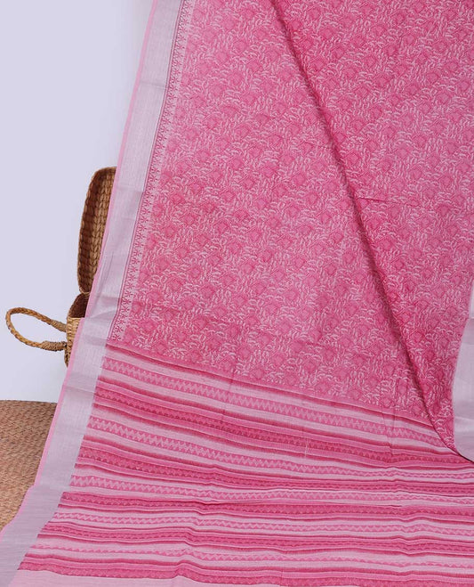 Pink floral printed budget cotton saree, plain border & geometric printed pallu 