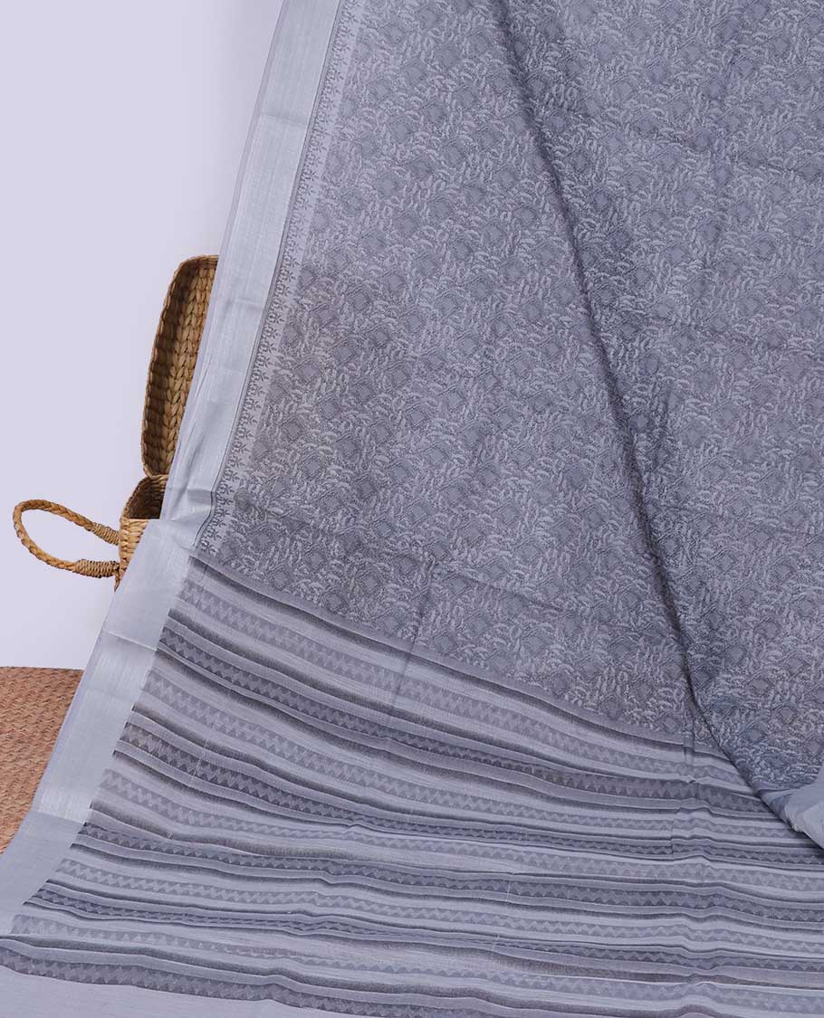 Grey floral printed budget cotton saree, plain border & geometric printed pallu 