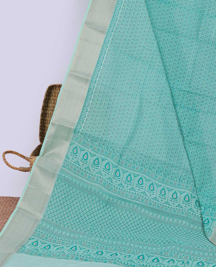Blue unique motifs printed cotton saree, geometric patterned border & pallu of intricate print