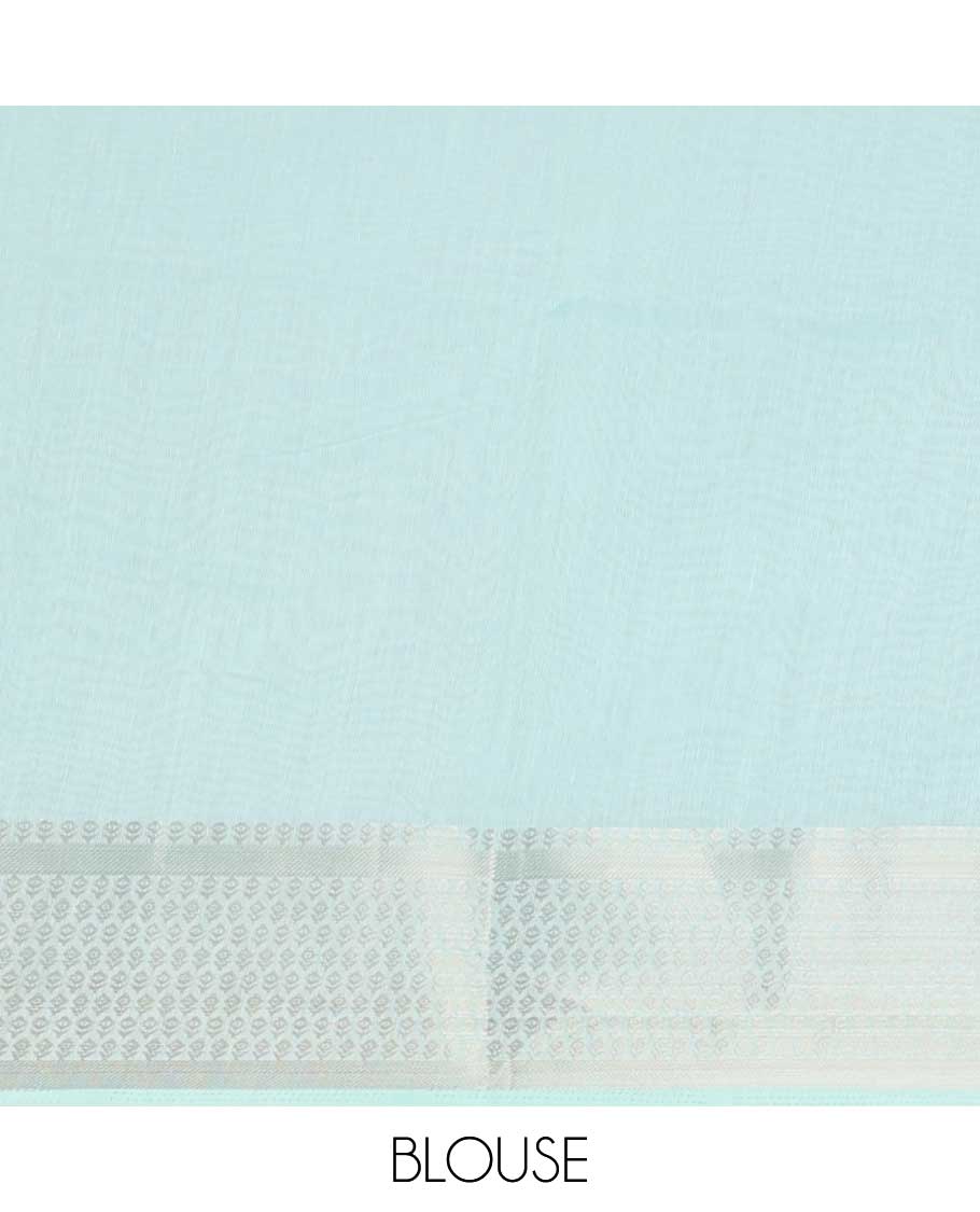 Blue unique motifs printed cotton saree, geometric patterned border & pallu of intricate print