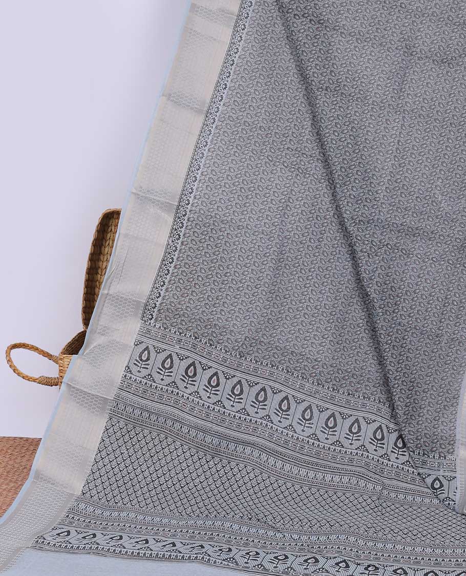 Grey unique motifs printed cotton saree, geometric patterned border & pallu of intricate print
