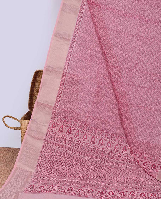 Pink unique motifs printed cotton saree, geometric patterned border & pallu of intricate print