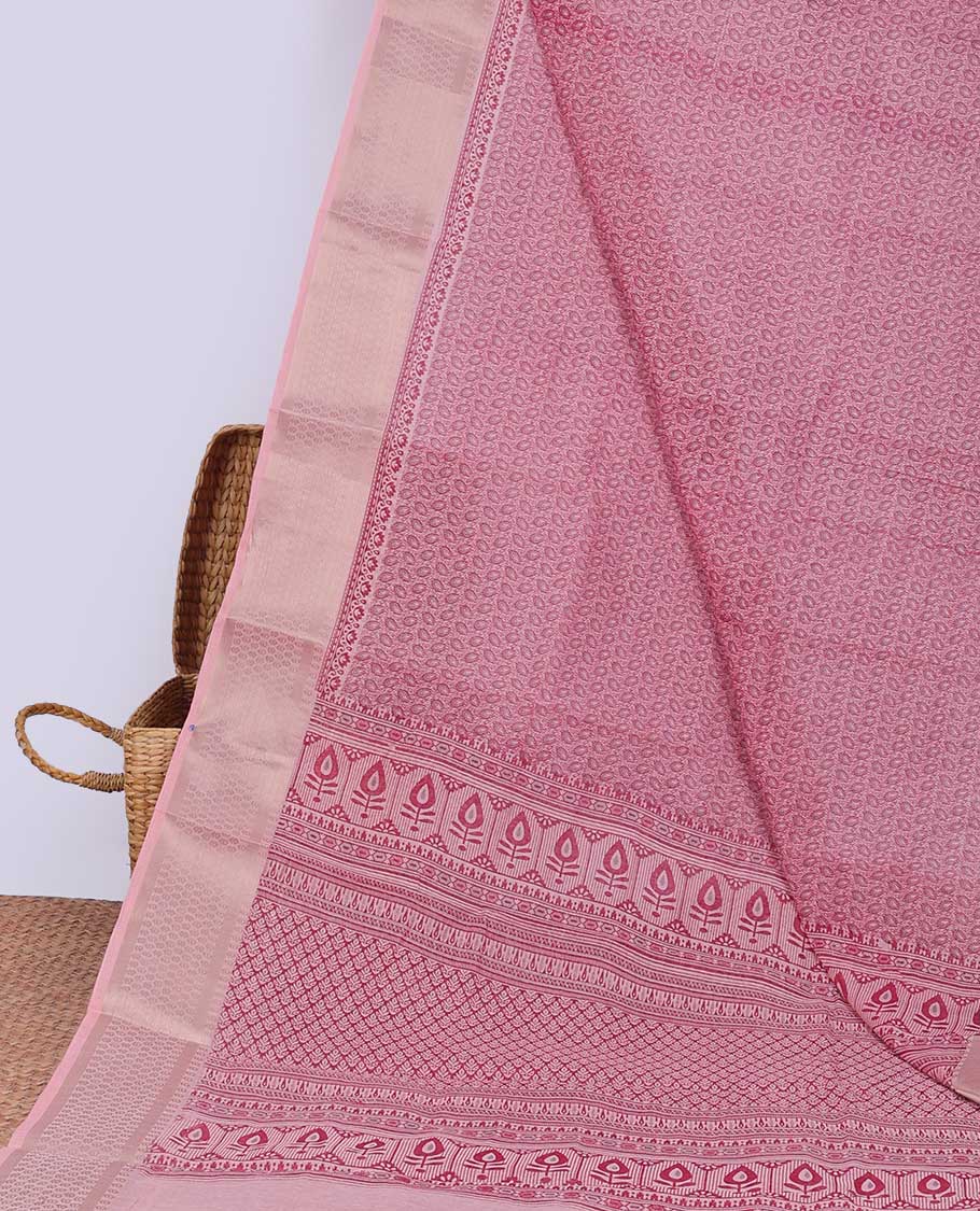 Pink unique motifs printed cotton saree, geometric patterned border & pallu of intricate print