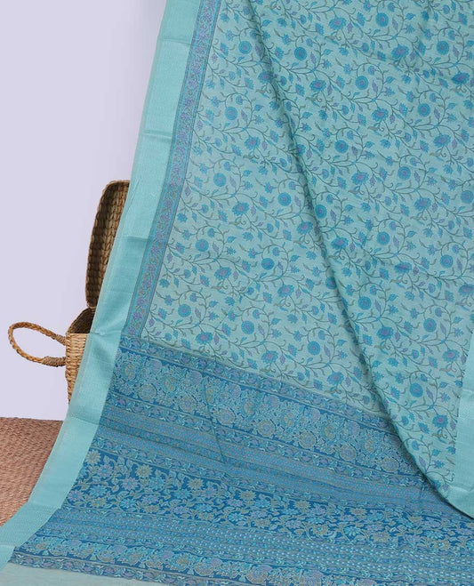 Blue floral vine printed cotton saree, self-border & pallu of floral print