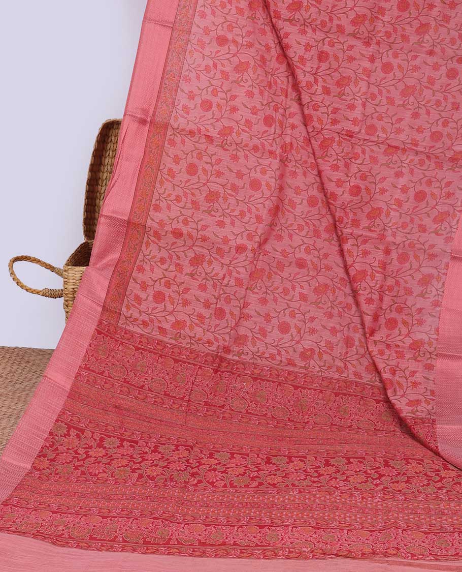 Pink floral vine printed cotton saree, self-border & pallu of floral print